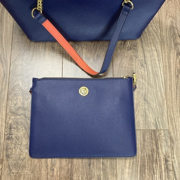 Anne Klein Dark Blue Faux Leather Tote Bag Purse with attached pouch - Picture 5 of 11